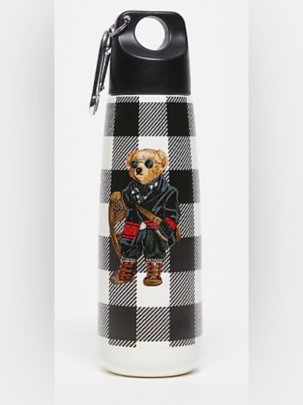 Polo Ralph Lauren Holiday 25 Bear Water Bottle Black & White Buffalo Plaid NWT